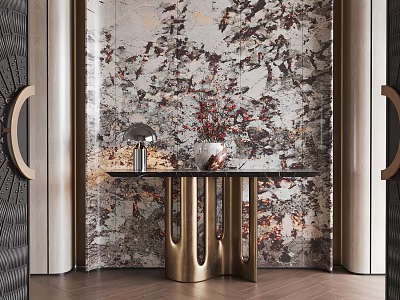 Stylish Entryway Hallway Interior With Artistic Wallpaper And Gold Console Table 3d model