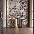 Stylish Entryway Hallway Interior With Artistic Wallpaper And Gold Console Table