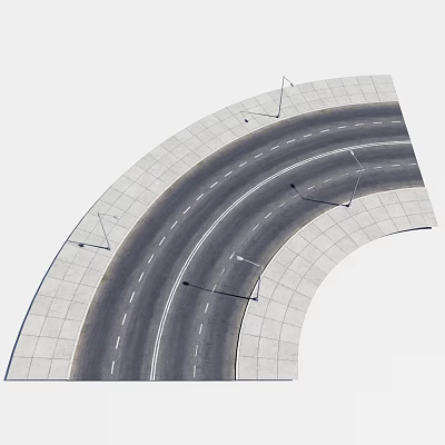 Curved Road Featuring Black Pavement White Lane Lines Gray Square Tiles And Street Lamp Poles 3d model
