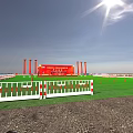 Event Venue Setup With Green Lawn Stage Red Arches And Blue Cars