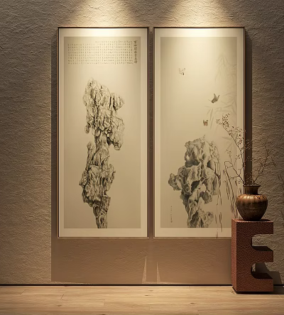 Traditional Chinese Paintings On Wall Featuring Mountain Rocks Flowers And Ceramic Vase 3d model