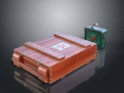 Household Items Featuring Wooden Crate With Straps Red Cross Label And Green First Aid Kit 3d model