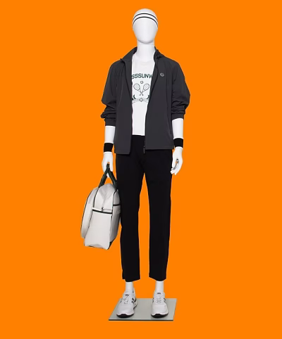 Stylish Model Wearing Black Jacket White T-shirt Black Pants With White Bag On Orange Background 3d model