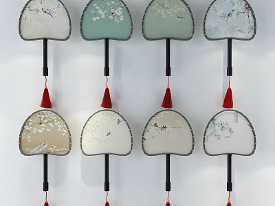 Colorful Decorative Fan Shaped Wall Hangings With Floral Bird Patterns And Red Tassels 3d model