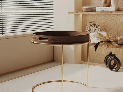 Modern Stylish Side Table With Wooden Tray Top And Gold Metal Legs In Interior Space 3d model