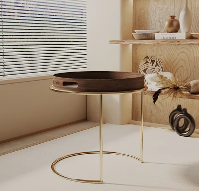 Modern Stylish Side Table With Wooden Tray Top And Gold Metal Legs In Interior Space 3d model