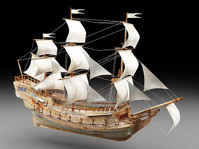 Vintage Wooden Sailboat Model With Multiple White Sails And Detailed Hull 3d model