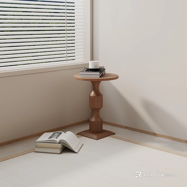 Wooden Side Table with Books and Coffee Cup Near Window with Blinds in Cozy Corner 3d model 