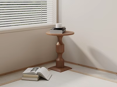 Wooden Side Table with Books and Coffee Cup Near Window with Blinds in Cozy Corner 3d model