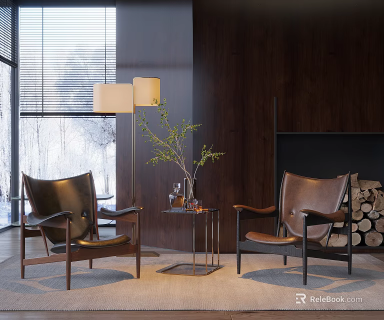Leisure Sofa Set With Brown Leather Chairs Floor Lamp Coffee Table And Wooden Wall 3d model 