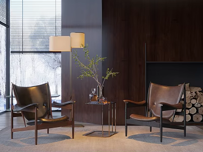 Leisure Sofa Set With Brown Leather Chairs Floor Lamp Coffee Table And Wooden Wall 3d model