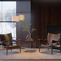 Leisure Sofa Set With Brown Leather Chairs Floor Lamp Coffee Table And Wooden Wall