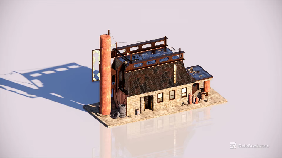 Small Industrial Style Building Model With Brick Walls Metal Roof Chimney And Barrels 3d model 
