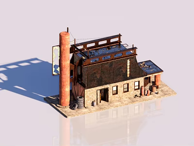 Small Industrial Style Building Model With Brick Walls Metal Roof Chimney And Barrels 3d model