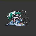 Festive Green Plant Decorated With Snow Red Ornaments Blue Figurines Gift Boxes And Falling Snowflakes