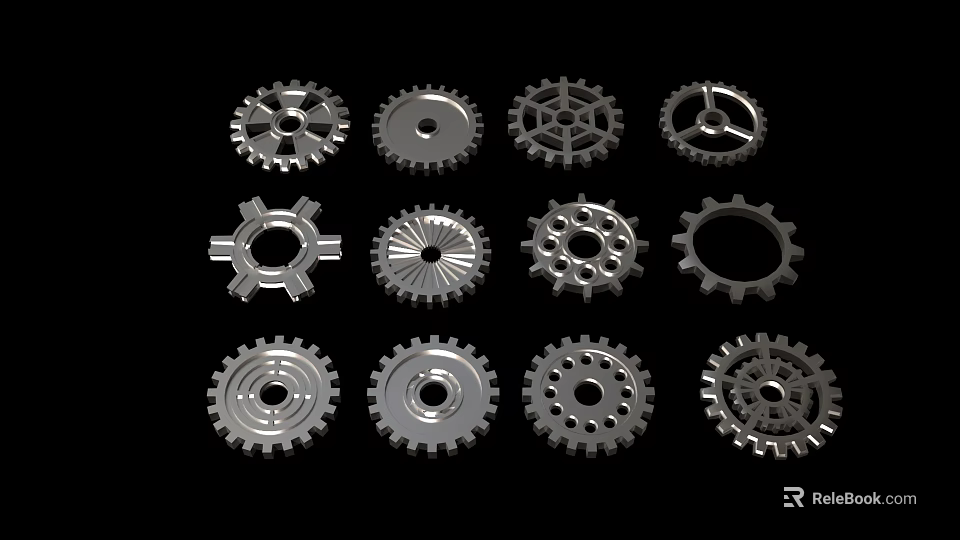 Various Metal Gears As Mechanical Components With Different Tooth And Hole Patterns 3d model