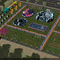 Vibrant Amusement Park With Water Slides Colorful Tents Pools And Lush Grass Areas