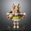 Cute Anthropomorphic Blonde Character In Floral Leaf Costume With Long Ears And Small Black Creature