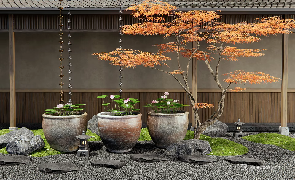Japanese Garden With Pottery Jars Lotus Flowers Orange Maple Tree And Stone Lanterns 3d model 
