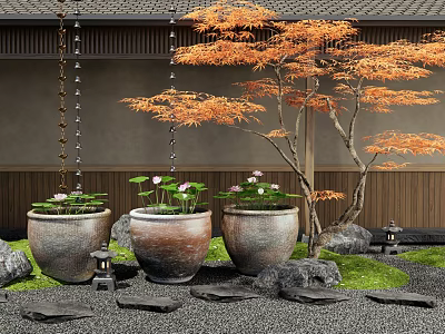 Japanese Garden With Pottery Jars Lotus Flowers Orange Maple Tree And Stone Lanterns 3d model