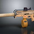 Modern Tactical Weapon With Tan Frame Mounted Scope Circular Magazine And Hole Pattern 3d model