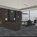 Modern Office Interior With Wooden Desk Black Chairs Bookshelves And Large Windows