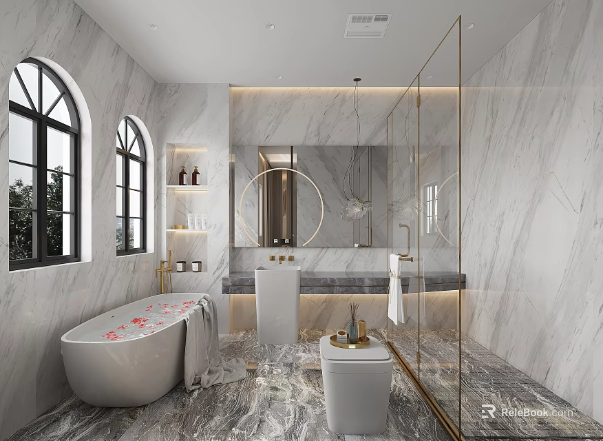Luxury Modern Marble Bathroom Interior With Freestanding Tub Glass Shower Enclosure And Elegant Arched Windows 3d model 
