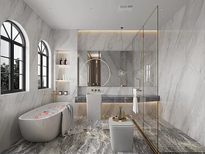 Luxury Modern Marble Bathroom Interior With Freestanding Tub Glass Shower Enclosure And Elegant Arched Windows 3d model
