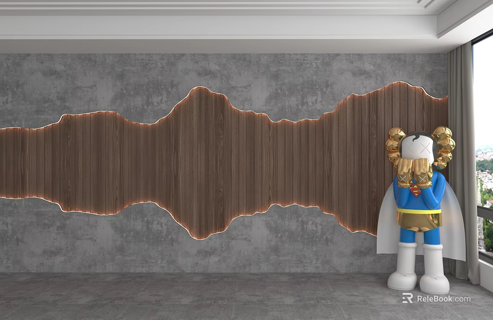 Gray Wavy Wooden Accent Wall With Orange LED Strips And Blue Gold Cartoon Character Statue 3d model 