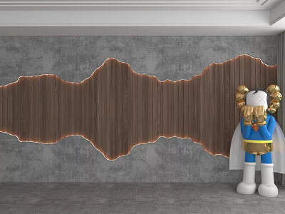 Gray Wavy Wooden Accent Wall With Orange LED Strips And Blue Gold Cartoon Character Statue 3d model