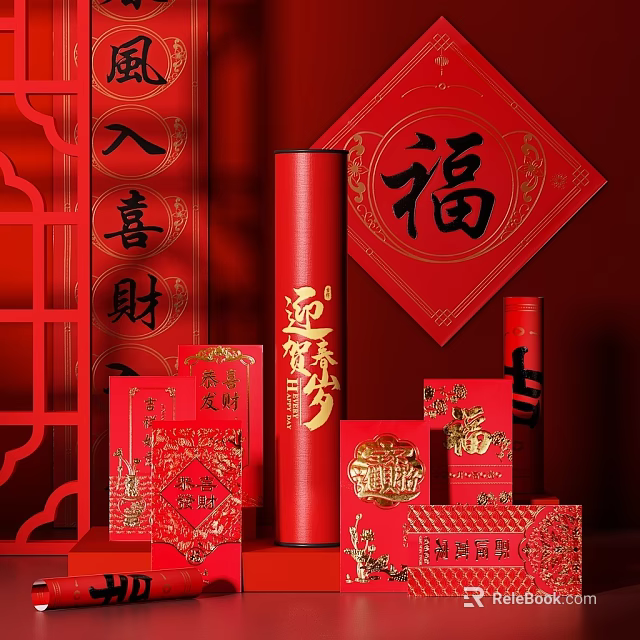 Chinese New Year Red Decorations With Fu Character Spring Couplets And Envelopes 3d model 