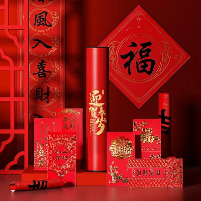 Chinese New Year Red Decorations With Fu Character Spring Couplets And Envelopes 3d model