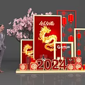 2024 Chinese New Year Photo Spot With Golden Dragon Red Lanterns And Peach Blossom Tree
