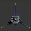 Blue And Yellow 3D Mechanical Model With Conical Front Silver Cylinder Black Sphere And Wing Like Structures
