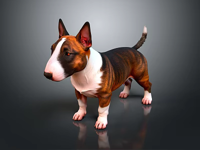 Brown And White Bull Terrier With Erect Ears Standing On Shiny Dark Floor 3d model