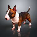 Brown And White Bull Terrier With Erect Ears Standing On Shiny Dark Floor