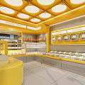 Dream Cream Dessert Shop With Yellow Themed Interior Round Ceiling Lights And Display Cases