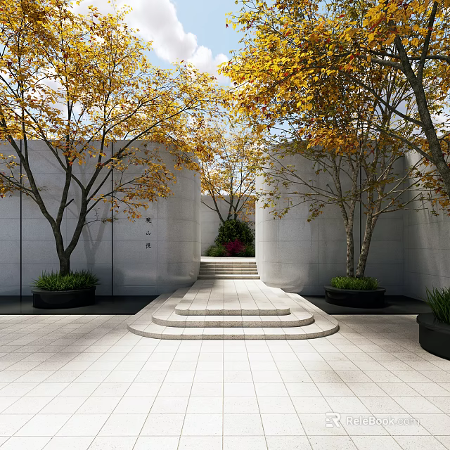 Garden Courtyard Features White Walls Trees with Yellow Leaves Steps Black Planters Green Plants Bushes 3d model 