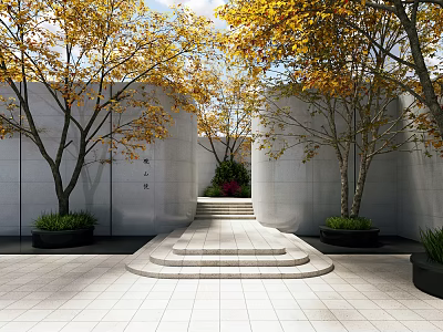 Garden Courtyard Features White Walls Trees with Yellow Leaves Steps Black Planters Green Plants Bushes 3d model