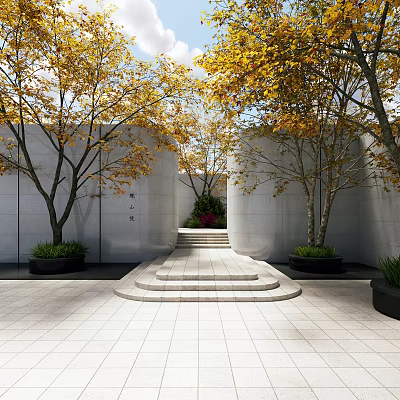 Garden Courtyard Features White Walls Trees with Yellow Leaves Steps Black Planters Green Plants Bushes 3d model
