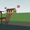 Ancient Historical Building With Yellow House Red Roof Brick Steps Archway And Flags