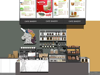 Cafe Bakery Reception Counter With Marble Top Menu Screens Display Shelves Coffee Beans And Pastries 3d model