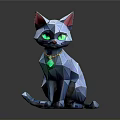 Polygonal Dark Colored Cat 3D Model with Green Eyes Red Ears and Golden Collar