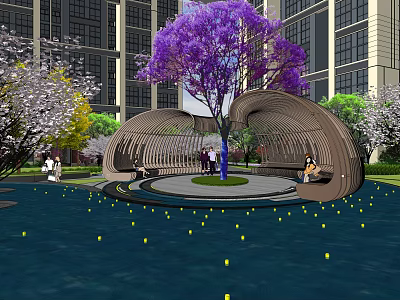 Curved Pergola Design With Purple Tree Modern Building Background And People Resting 3d model