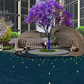 Curved Pergola Design With Purple Tree Modern Building Background And People Resting