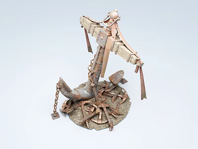 Vintage Anchor Sculpture With Wooden Frame Metal Chain And Rustic Base 3d model