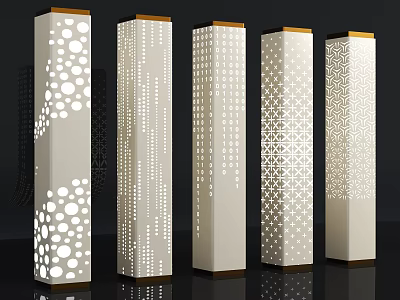 Modern Decorative Columns With Intricate Perforated Patterns Gold Accents And Light Effects 3d model