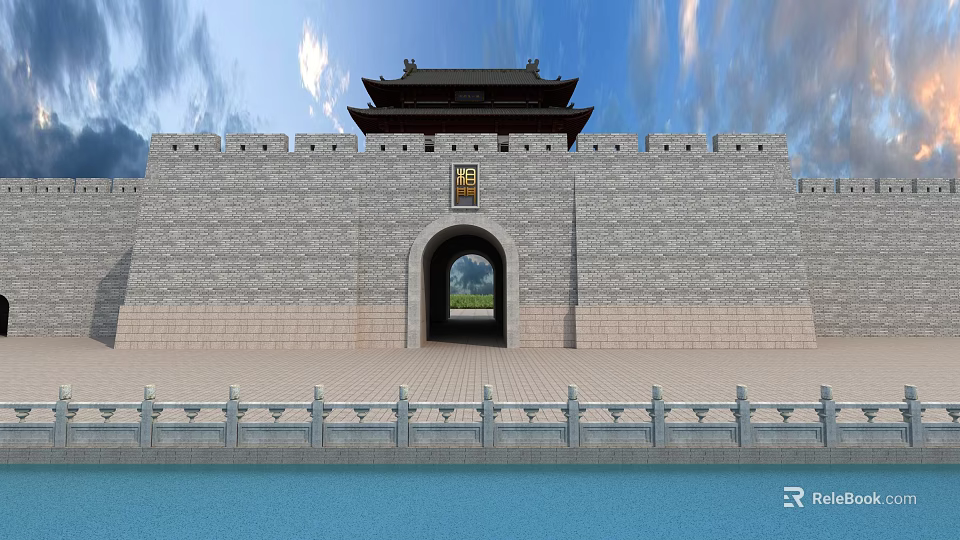 Ancient Architecture With Traditional City Wall Gate Tower And Stone Archway Design 3d model 