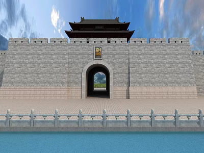 Ancient Architecture With Traditional City Wall Gate Tower And Stone Archway Design 3d model
