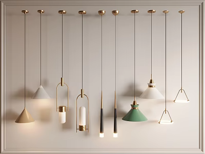 Modern Interior Decor Featuring Various Design Pendant Lights In Gold White Green And Geometric Shapes 3d model